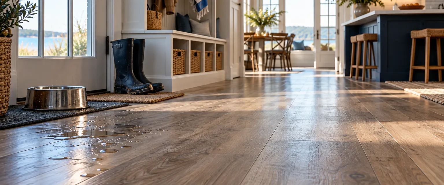 A coastal cottage mudroom and kitchen in driftwood-toned vinyl plank, rain boots and a dog bowl by the door, water beading on the floor