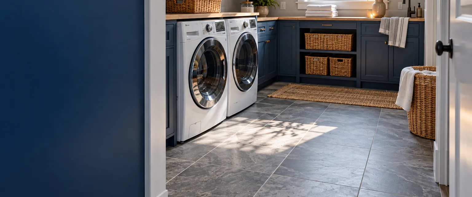 A remodeled laundry room with large stone-look vinyl tiles in slate gray and crisp grout-style lines, a washer and folding counter along the wall