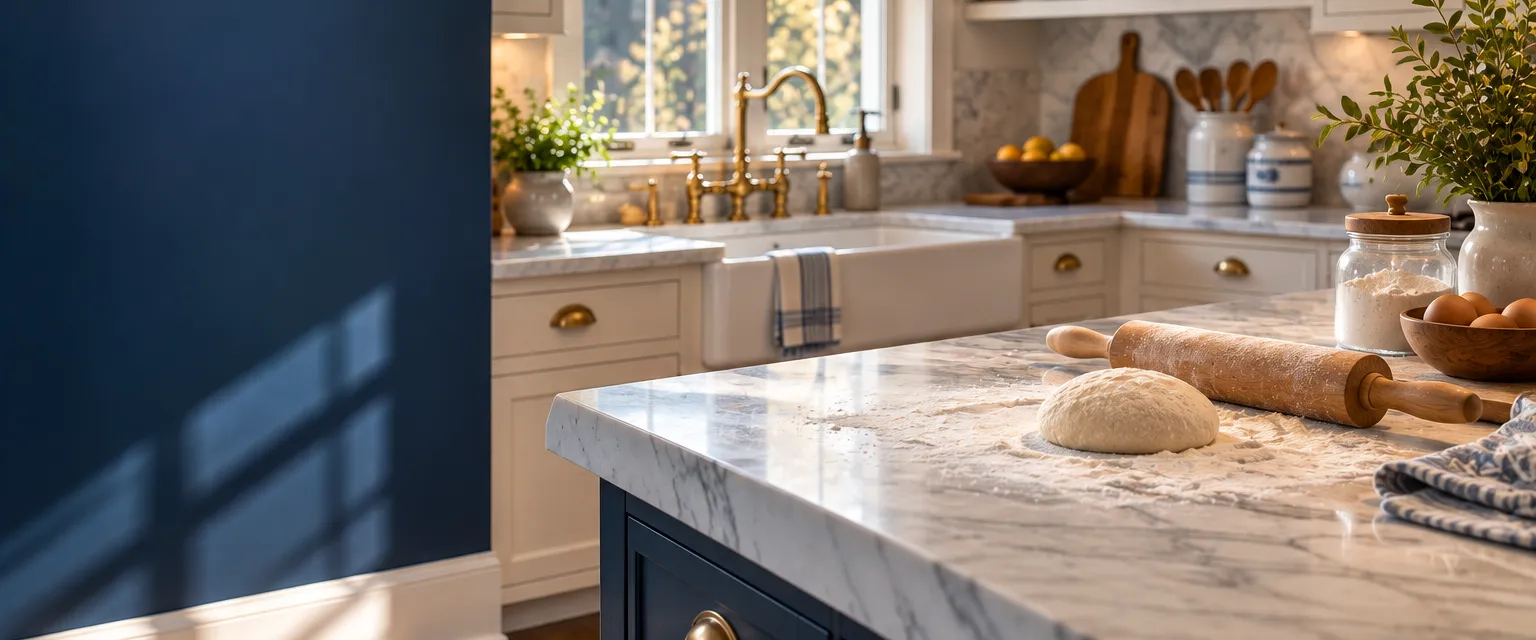 A baking station with a honed white marble counter, flour near a rolling pin and a bowl of dough, brass faucet and open shelves behind