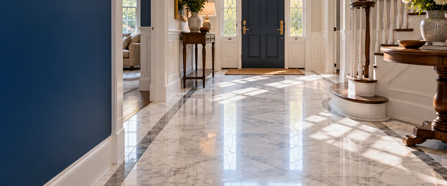 An elegant colonial foyer with white marble tiles laid on the diagonal with a thin gray border, a curved staircase base beside