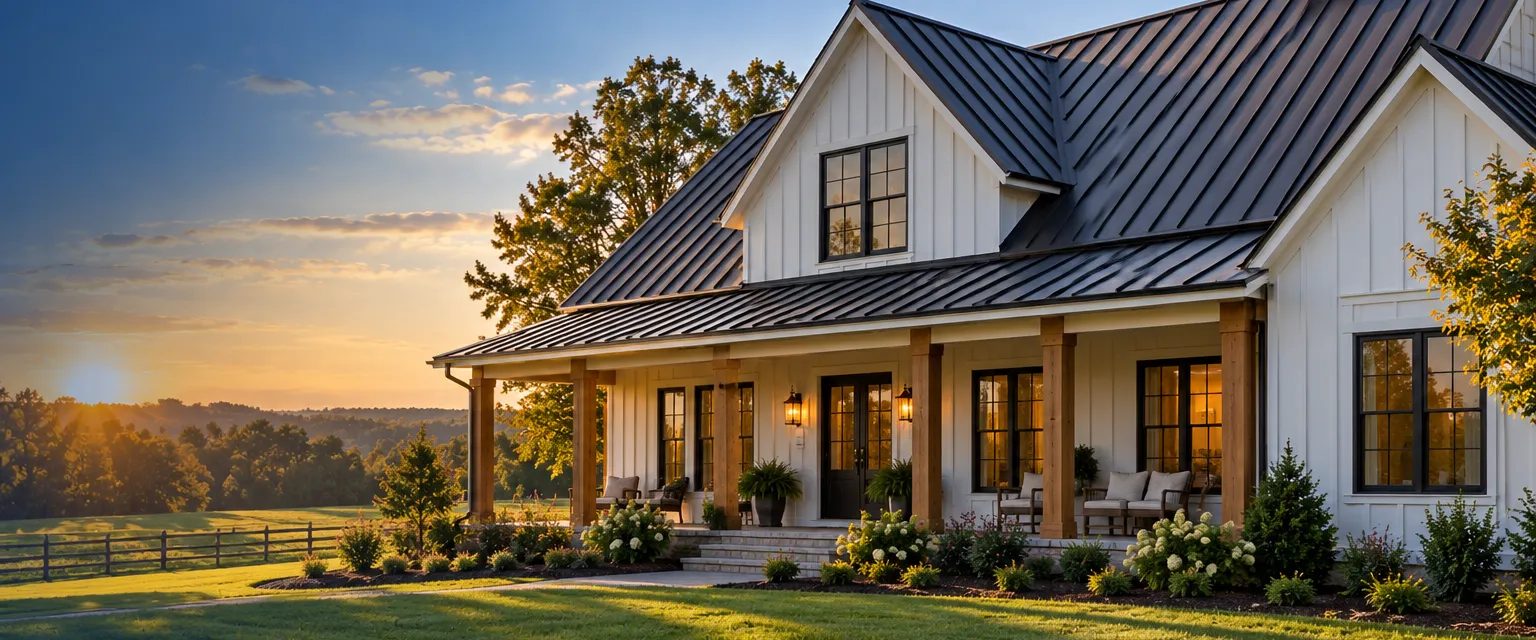 A modern farmhouse with a dark bronze standing seam metal roof, long vertical ribs catching sunlight, a covered porch with wood posts below