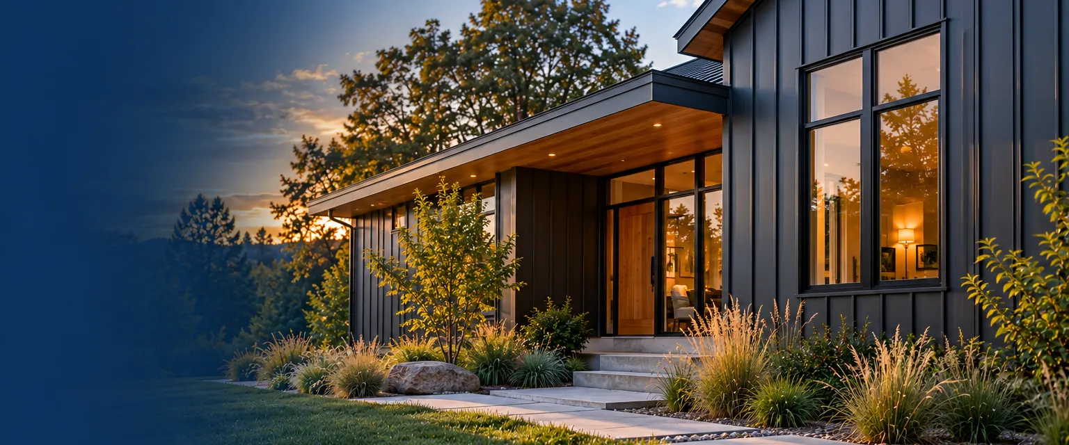 A modern home with vertical charcoal steel panel siding with standing ribs, large picture windows and a cedar soffit, set among native grasses and a concrete walkway