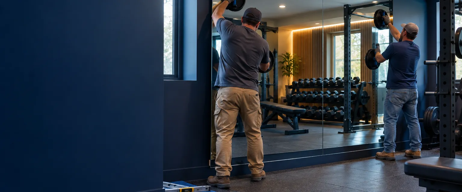 Two installers seen from behind setting a large frameless wall mirror in a home gym with suction-cup lifters, dumbbells reflected in the glass