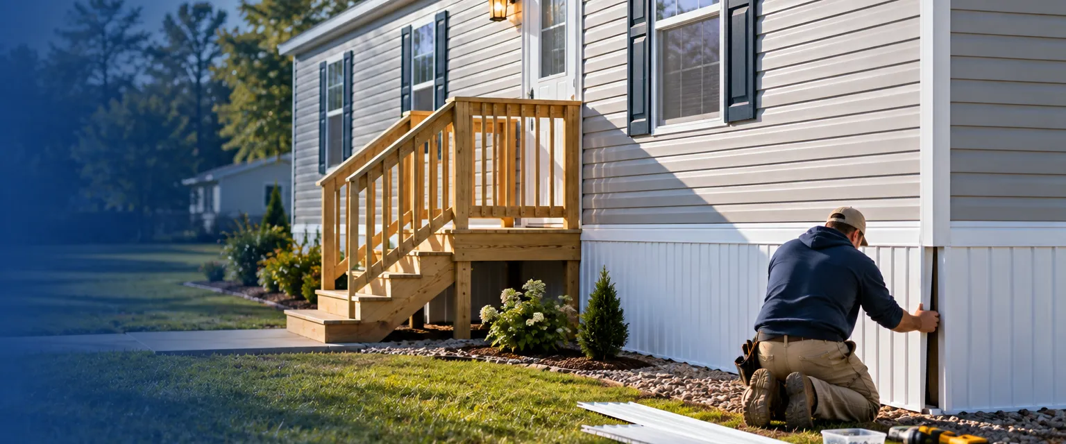 A single-wide manufactured home with new vinyl skirting and wooden entry steps, a worker seen from behind fitting the last skirting panel