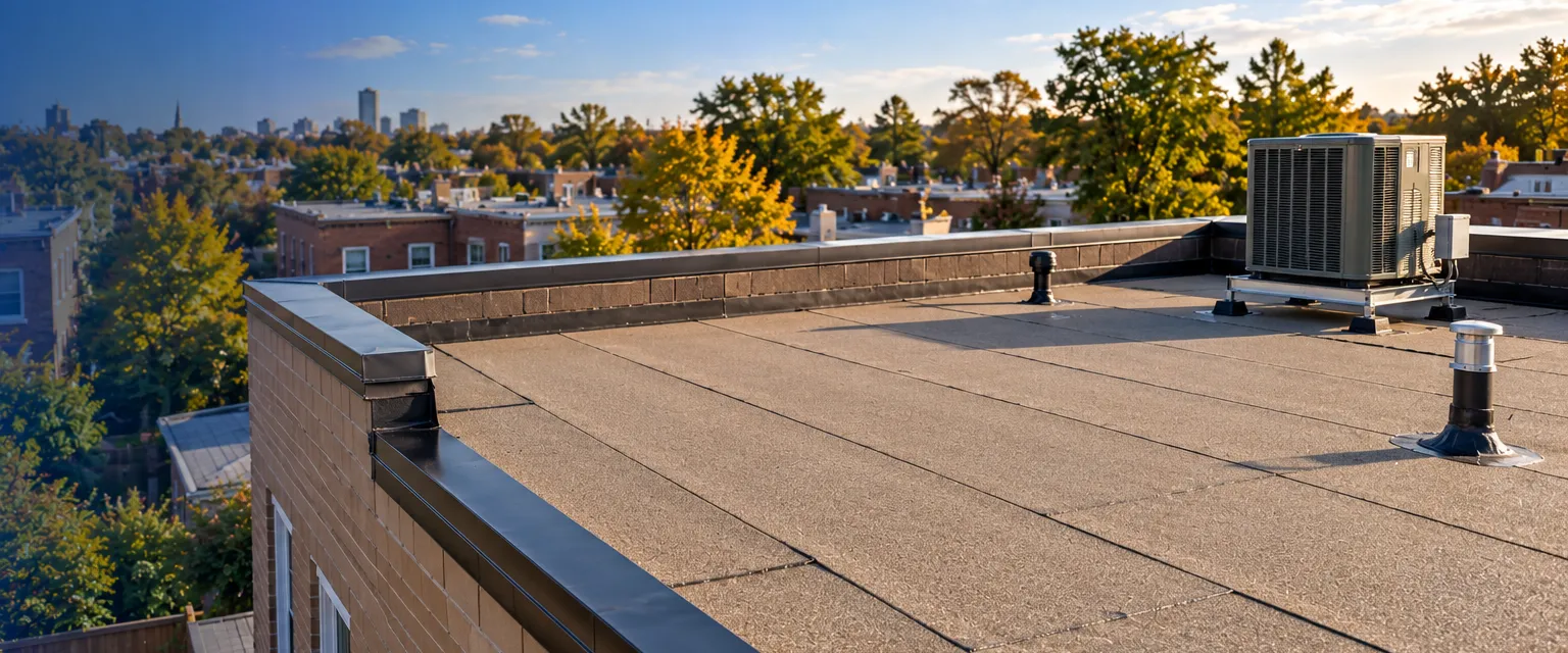 A newly finished modified bitumen roof on a flat-topped duplex, granulated tan cap sheet in overlapping rolls, parapet with metal flashing and a condenser on a stand