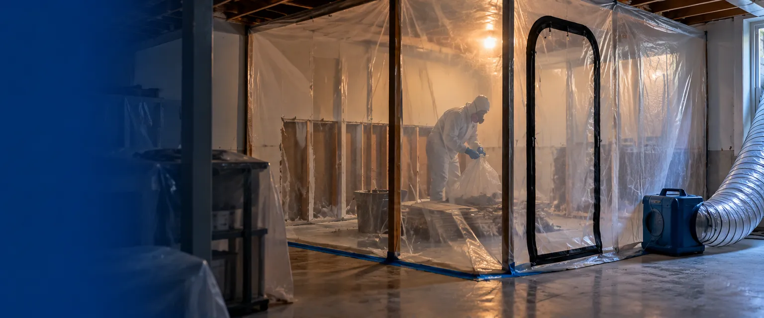 A basement corner sealed in clear plastic with a negative air machine, a technician in a protective suit bagging cut drywall inside