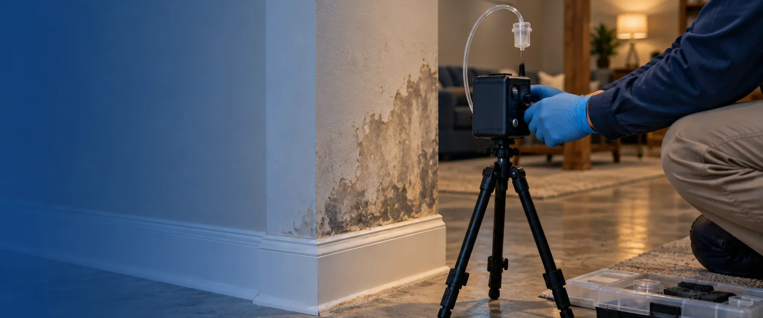 An air sampling pump with a small cassette on a compact tripod near a damp-stained corner of a finished basement, a gloved hand adjusting it