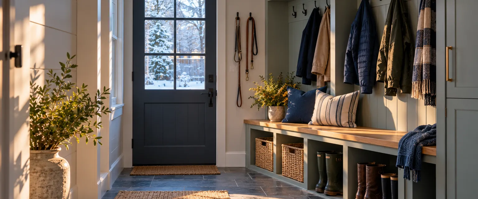 A farmhouse mudroom with a built-in bench and cubbies, coats on hooks, boots on slate tile and snow outside the back door