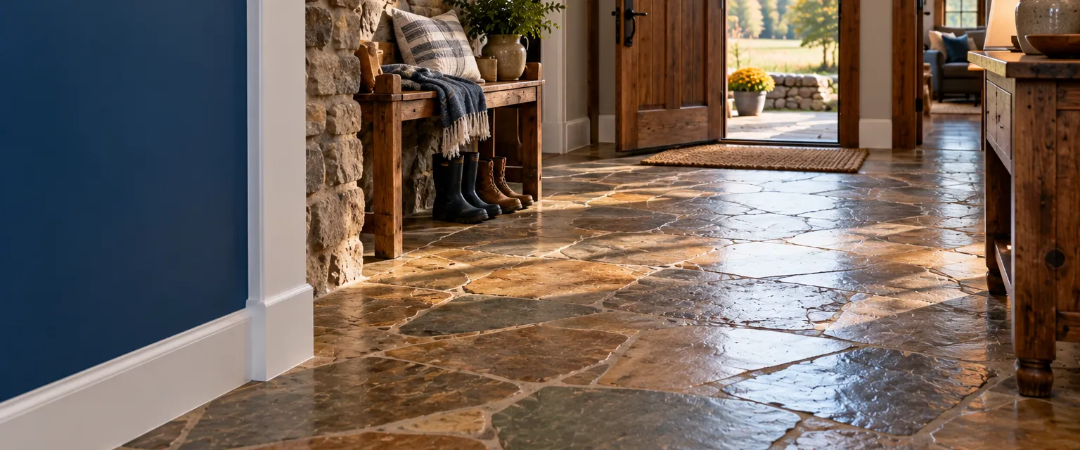 A rustic entry hall in a fieldstone house with irregular flagstone flooring in warm tans, a wooden bench and boots by the door