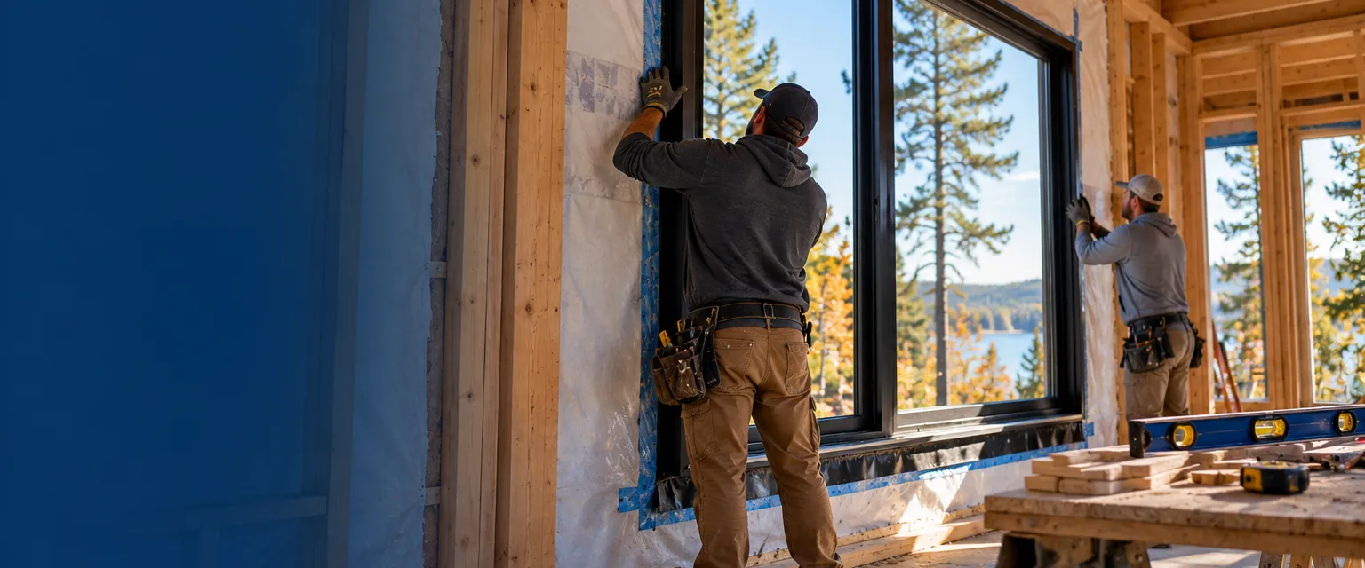 Inside a framed addition with house wrap visible, two workers set a large new black-framed window into a flashed opening, shims and a level on a sawhorse nearby