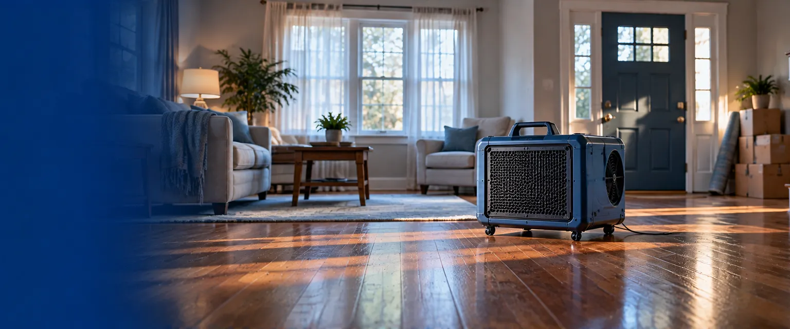 An empty, freshly cleaned living room with a compact hydroxyl air purifier running on the hardwood floor