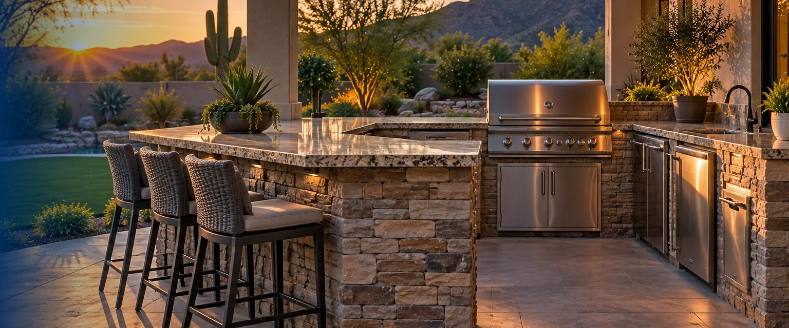 An outdoor kitchen of stacked stone with a granite counter, a built-in stainless grill with the lid closed, an under-counter fridge and bar stools under a covered patio behind a stucco home