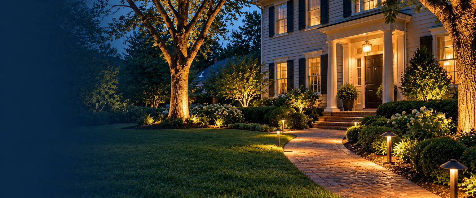 A colonial home at dusk with warm path lights along a brick walk and uplights on two trees and the facade under a deep blue sky