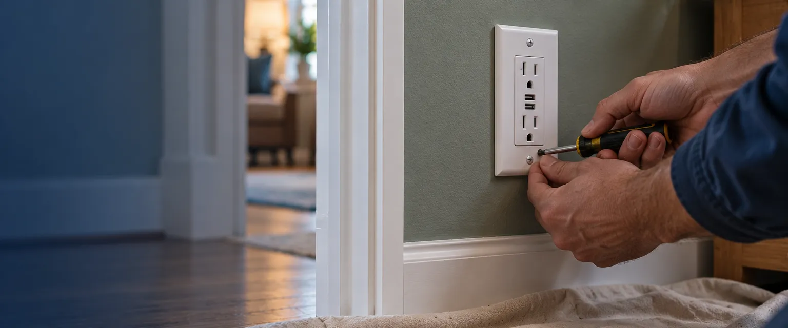 A hand fastening a white cover plate over a new combination outlet with USB ports on a freshly painted sage wall, a screwdriver and voltage tester on a drop cloth below