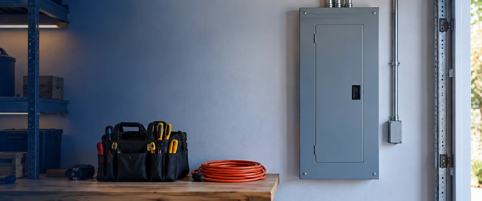 A new gray breaker panel with its door closed on a freshly painted garage wall, a conduit running to the ceiling and a tool tote on a workbench nearby
