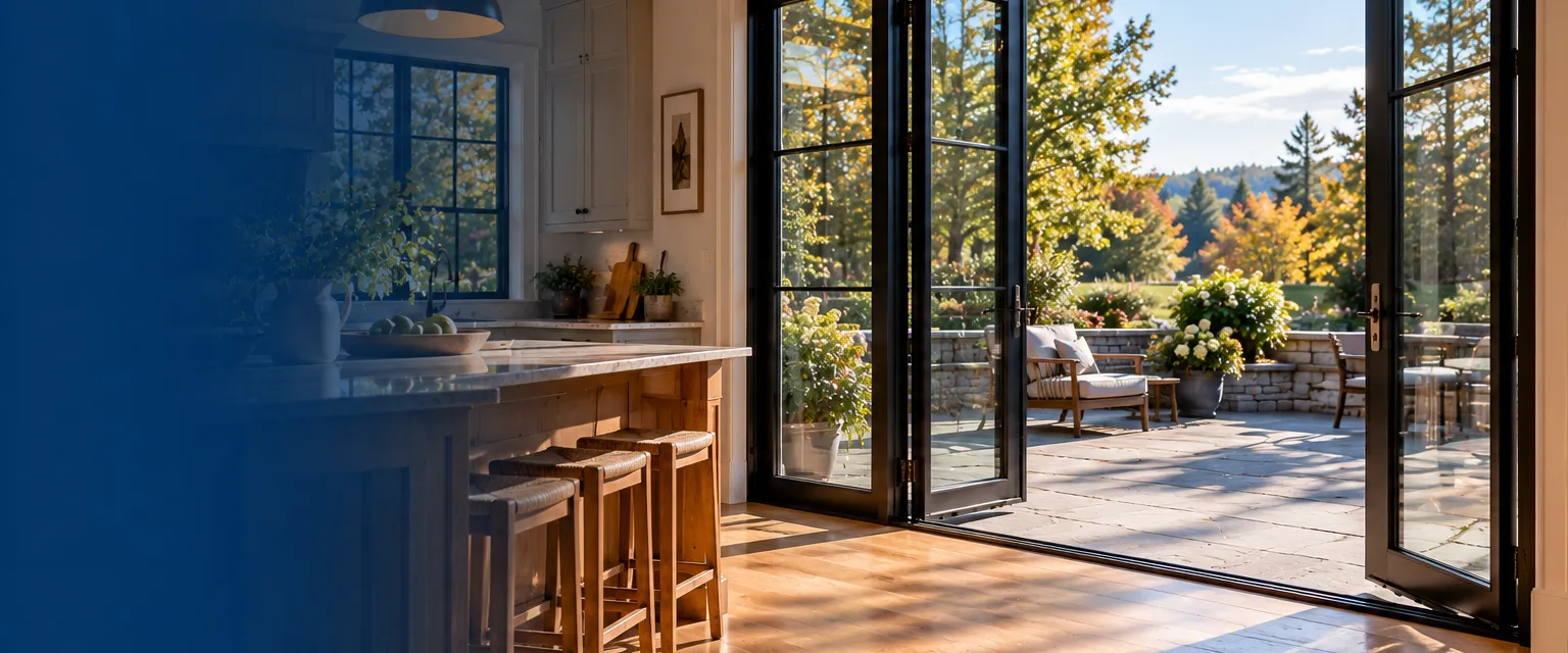 A wide hinged patio door with slim black frames opening from a modern farmhouse kitchen onto a stone patio, sunlight crossing the wood floor, outdoor chairs and greenery beyond