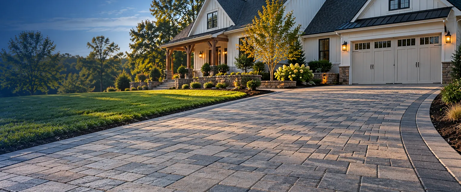 A long driveway of tumbled concrete pavers in a basket-weave pattern of tan and charcoal with a contrasting border, leading to a farmhouse garage