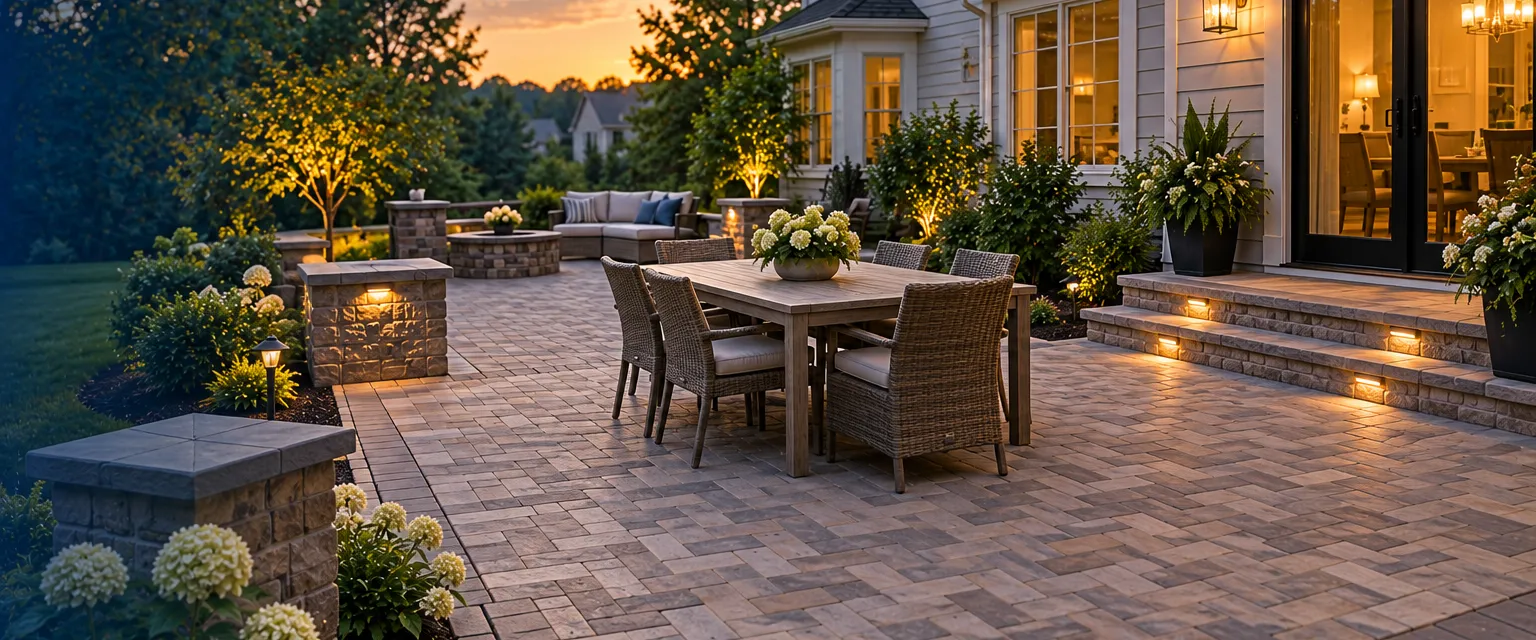 A newly laid interlocking concrete paver patio in a herringbone pattern of gray and tan tones with a soldier-course border, an outdoor dining set and planted beds behind a two-story home