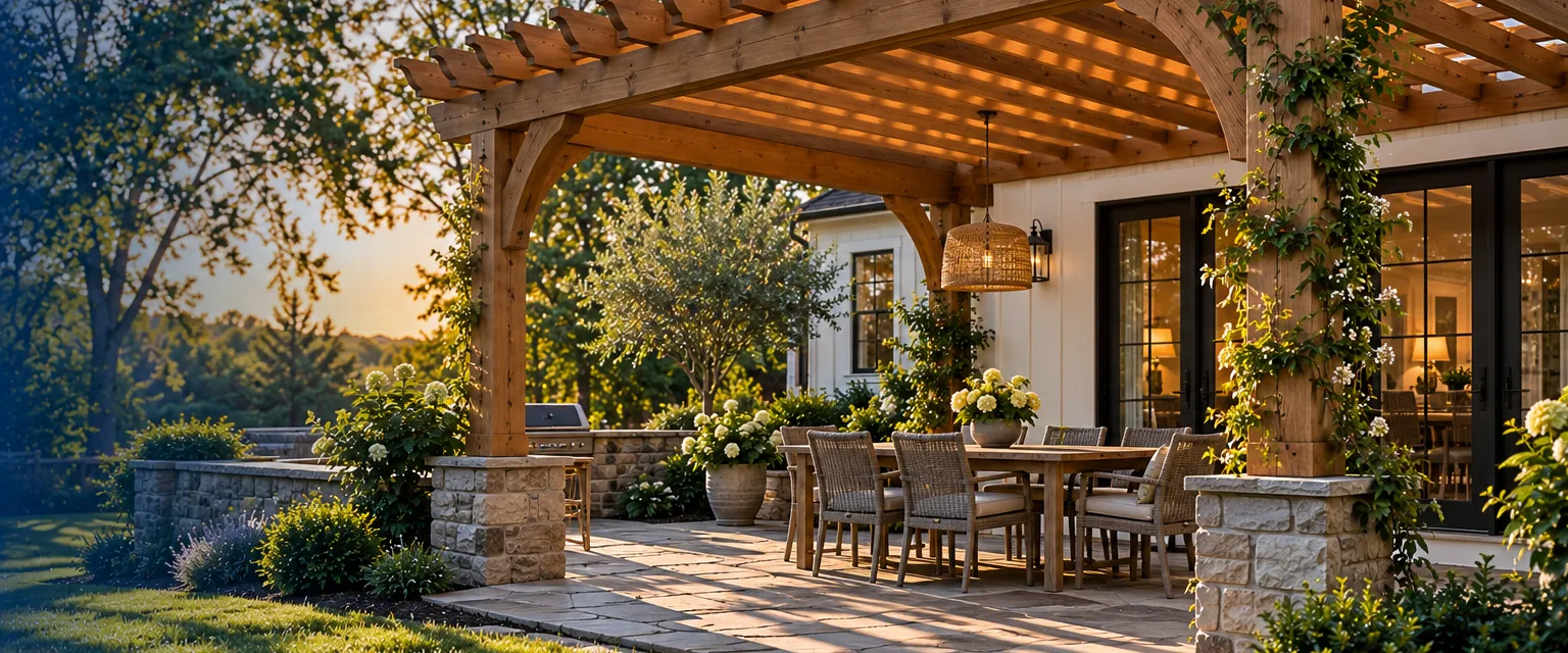 A freshly built cedar pergola with notched rafter tails over a stone patio behind a modern farmhouse, a vine starting up one post and the shadows of the slats across a dining table