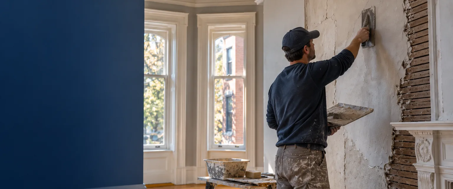 A tall-ceilinged parlor in an older brick home where a cracked section of lath-and-plaster wall is being skimmed smooth with fresh plaster, a hawk and trowel in the restorer's hands, ornate crown molding above