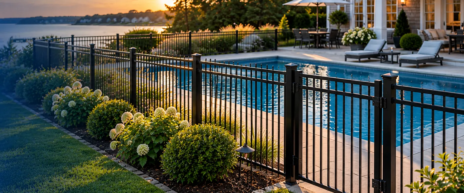 A black aluminum pool fence with narrow picket spacing and a self-closing gate around a blue in-ground pool behind a coastal home, lounge chairs on a concrete deck