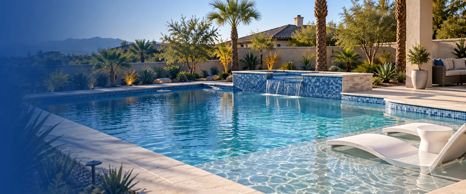 A remodeled backyard pool with blue glass waterline tile, a wide sun shelf with lounge chairs, fresh limestone coping and clear turquoise water