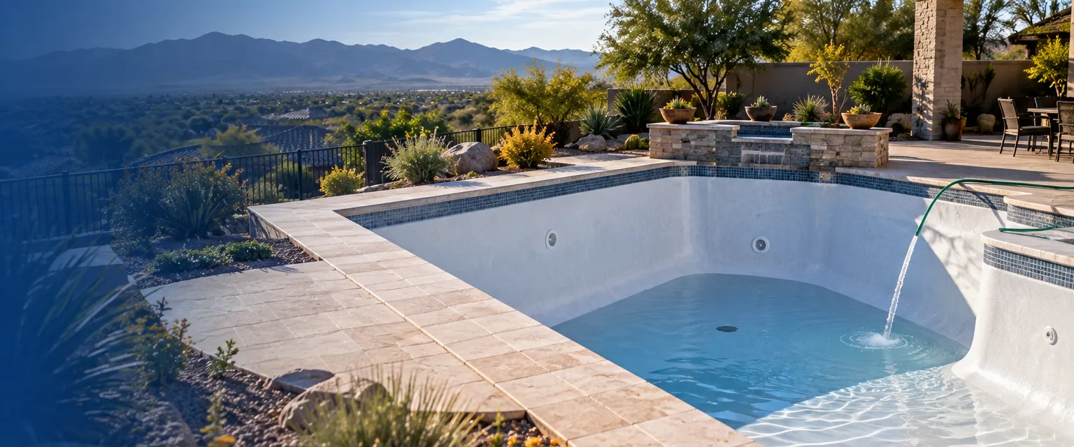 A drained backyard pool with a fresh smooth white plaster finish, a hose filling the deep end, travertine coping and desert landscaping around it