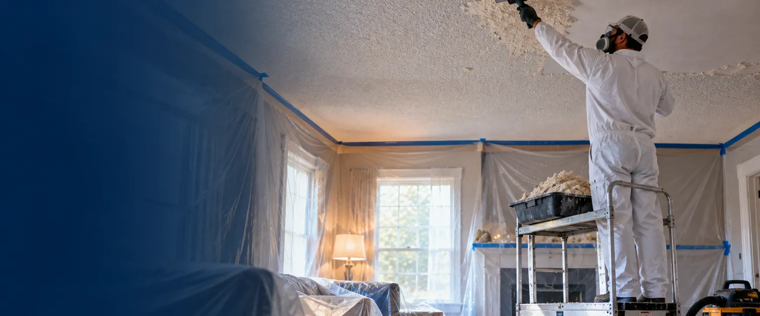 A worker in a respirator, goggles and coveralls on a rolling platform scraping damp popcorn texture from a ceiling in a sealed room