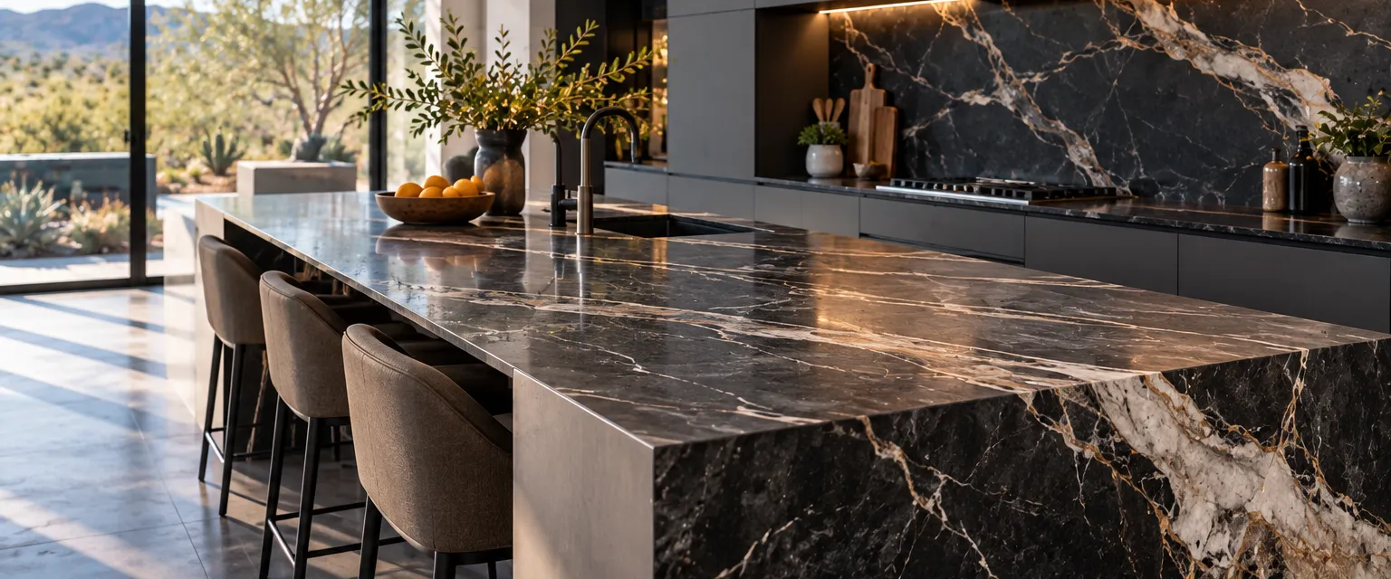 A sleek contemporary kitchen with an ultra-thin porcelain slab counter printed with a dark marble pattern and a matching full-height backsplash