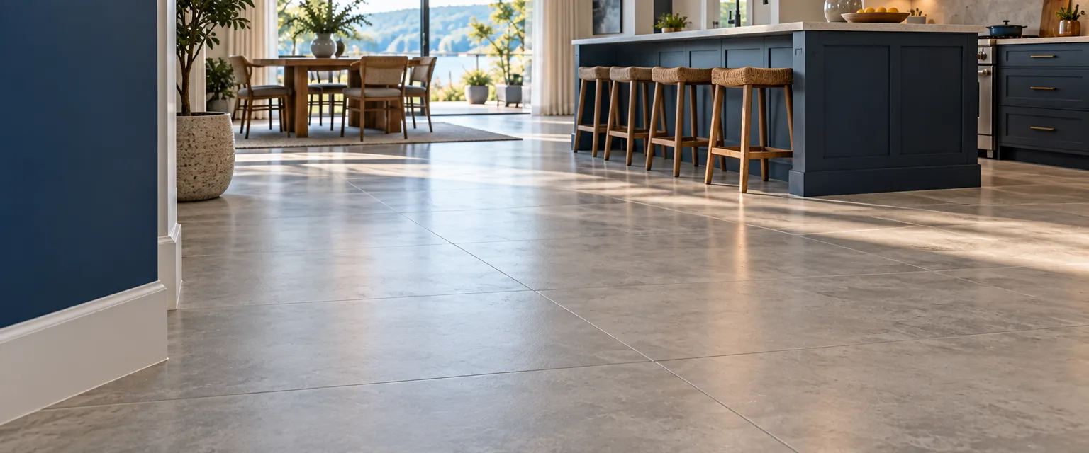 A modern kitchen and dining area floored in large matte porcelain slabs that look like pale concrete, with thin joints