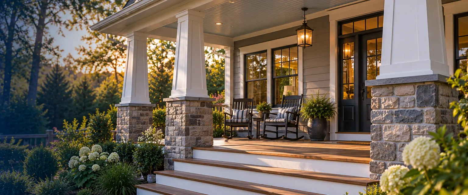 A newly built covered front porch on a craftsman house with tapered columns on stone piers, a pale blue tongue-and-groove ceiling, wide wooden steps and two rocking chairs in late afternoon light