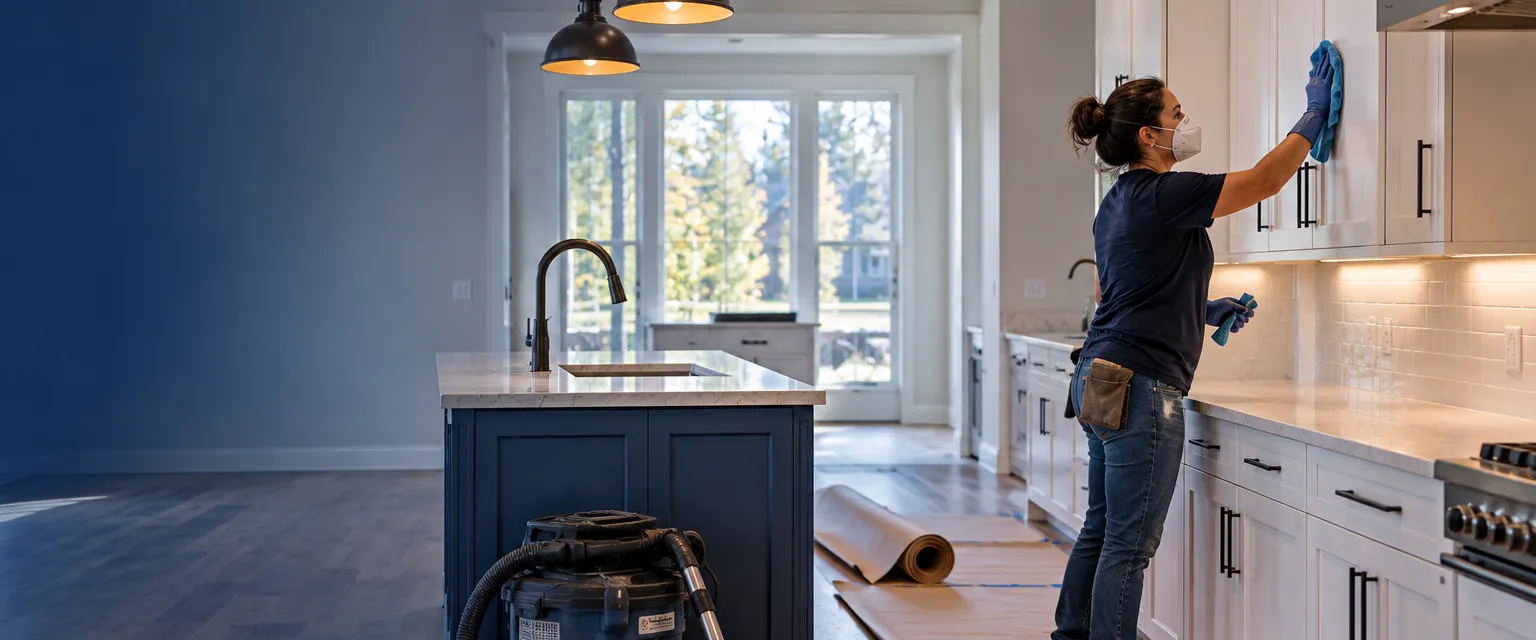 A cleaner in gloves and a dust mask wiping new white shaker cabinets in a finished kitchen, floor paper being rolled up and a HEPA vacuum by the island