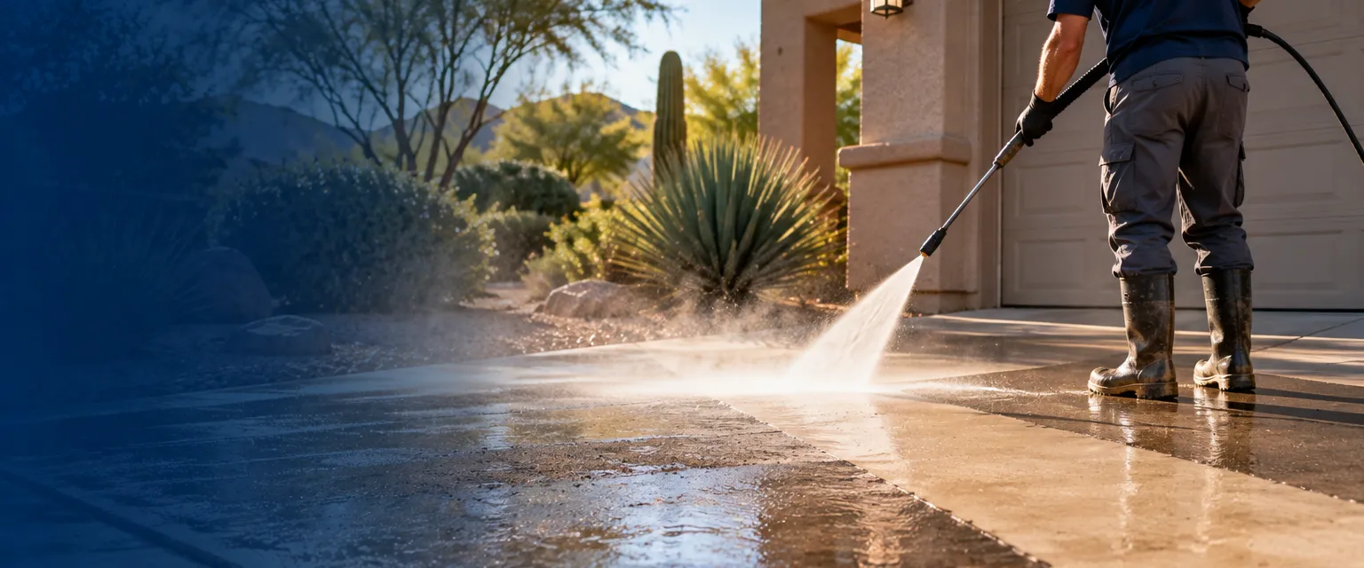 A worker in boots and safety glasses pressure washing a concrete driveway in front of a stucco home, a clean stripe cutting through the grime