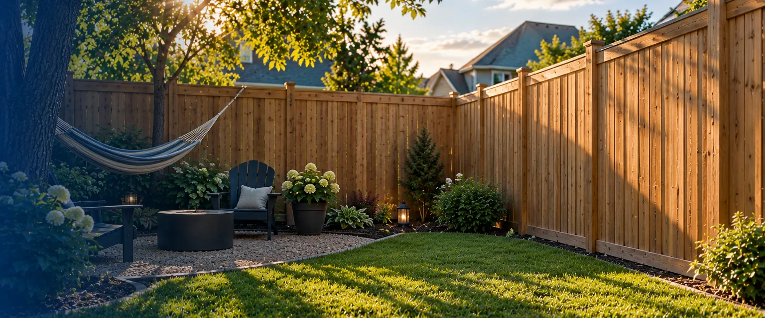 A tall solid wooden privacy fence with tight shadowbox boards enclosing a backyard, a hammock and patio chairs in its shade and neighboring rooftops just visible