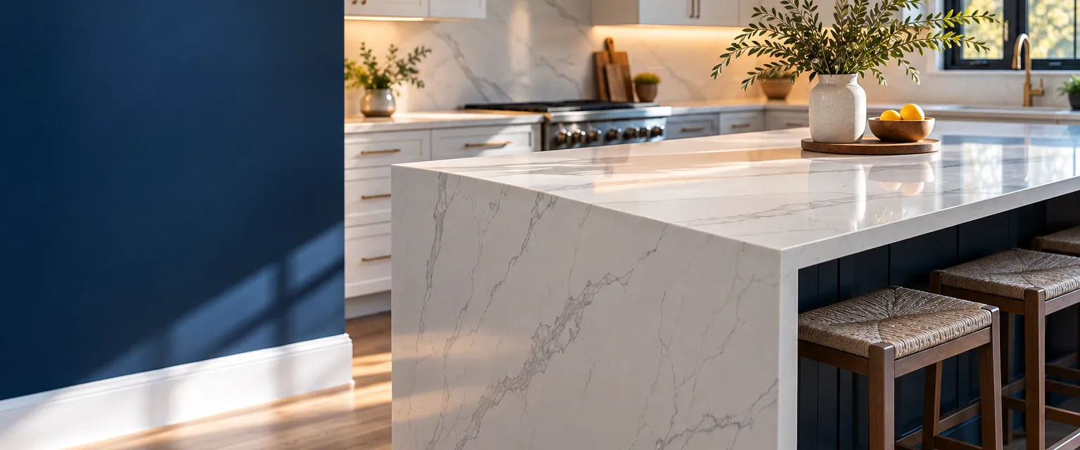 A modern kitchen island topped with white quartz with soft gray veining and a mitered waterfall edge, three stools beneath