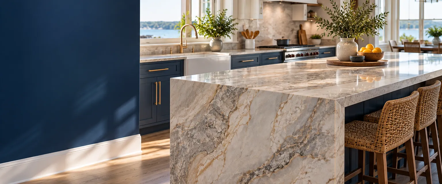 A coastal kitchen with a quartzite island showing sweeping cream and taupe veins and a leathered sheen, rattan stools and an open window