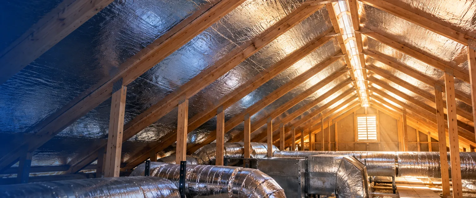 Reflective foil stapled smoothly to the underside of the roof rafters in a stucco home's attic, light from a ridge vent and ducts running below