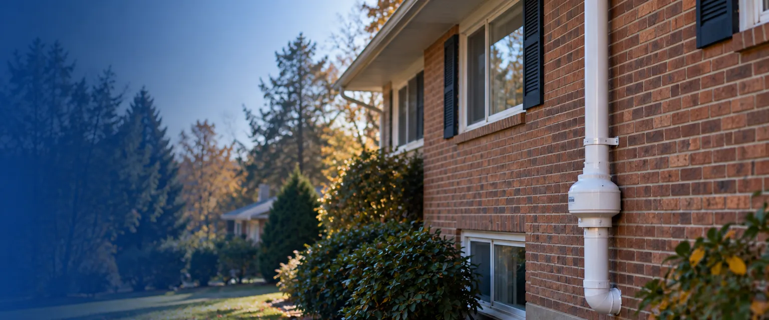 A white PVC vent pipe rising from the foundation of a brick split-level home through an inline fan housing and up the wall past the eaves