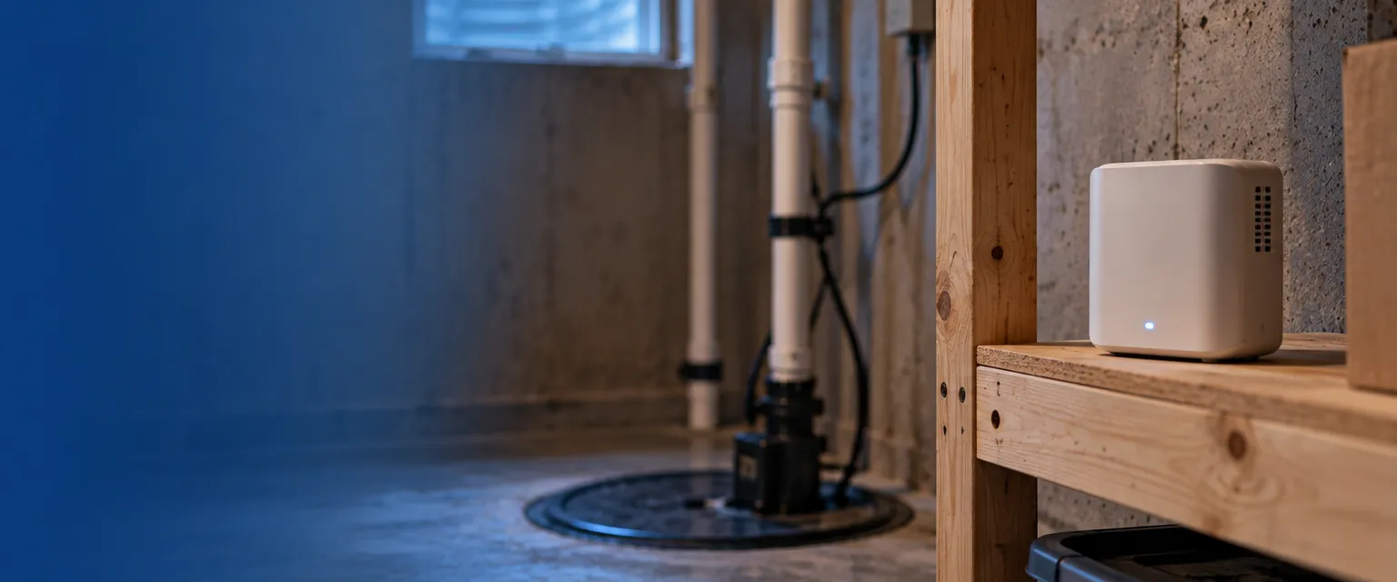 A small plain white radon monitor on a shelf in an unfinished basement, concrete walls and a sump pit lid behind it