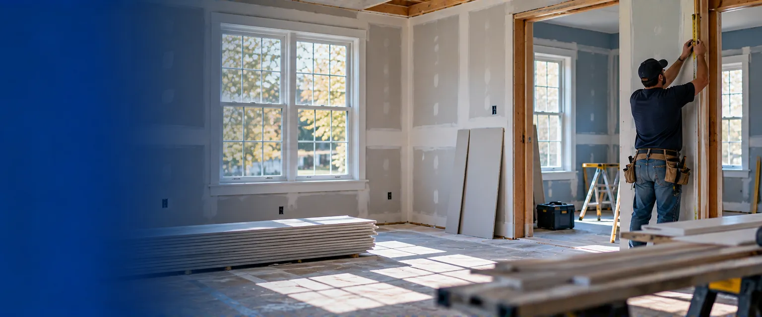 A colonial interior partly rebuilt with new drywall on fresh studs, a newly installed window and a carpenter measuring trim