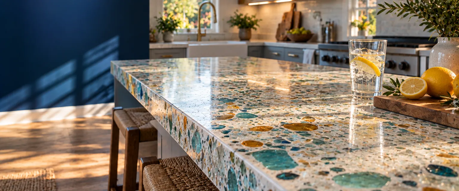 A recycled glass counter with clear, aqua and amber glass chips in a white binder, a glass of water and lemons on top