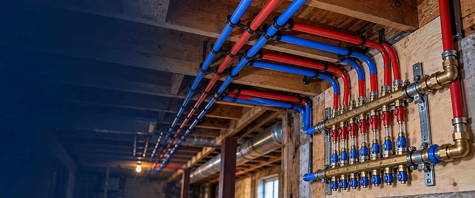 An unfinished basement ceiling where new red and blue PEX lines run in straight parallel rows through the joists to a manifold with rows of valves
