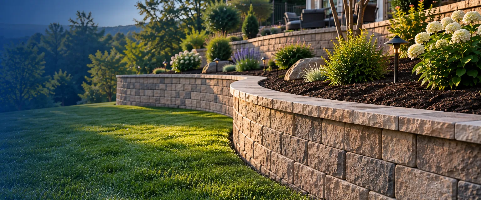 A curved segmental block retaining wall in tan stone holding a terraced garden bed on a sloping backyard, even capstones with shrubs and mulch above