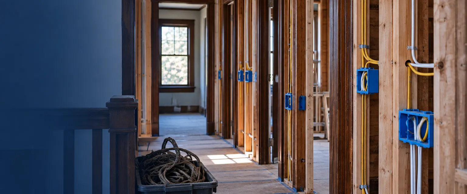 Open stud walls of an older craftsman hallway during a rewire, new cables stapled through drilled holes to blue boxes at even heights and the old cloth-wrapped wiring bundled in a bin