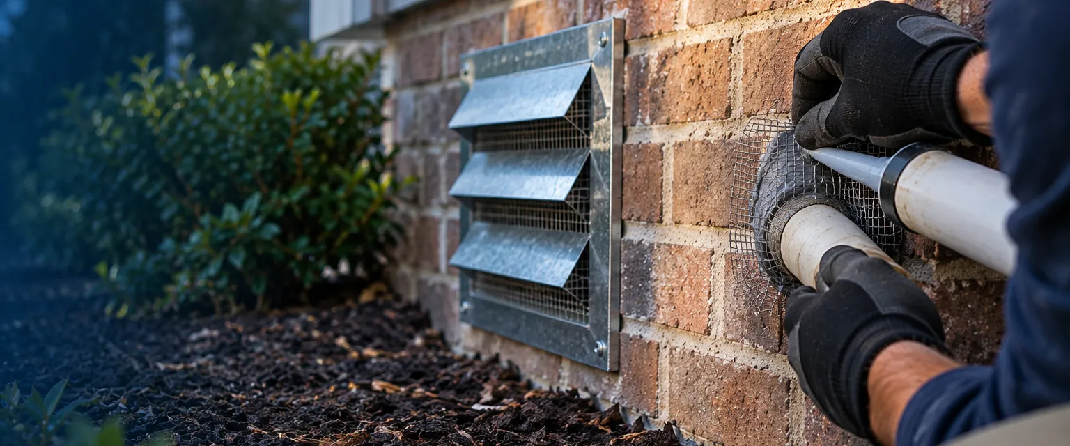 Gloved hands sealing a gap around a pipe entering brick siding with stainless steel mesh and gray sealant, a galvanized vent cover fitted nearby