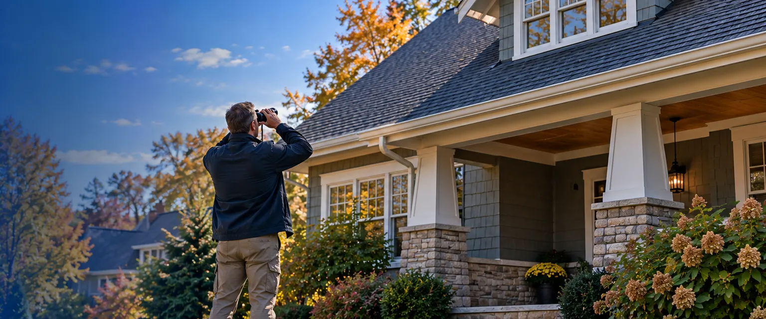 An inspector seen from behind on the front lawn of a craftsman home, looking up at the shingled roof and gutter line through binoculars, a small drone resting on its case beside him