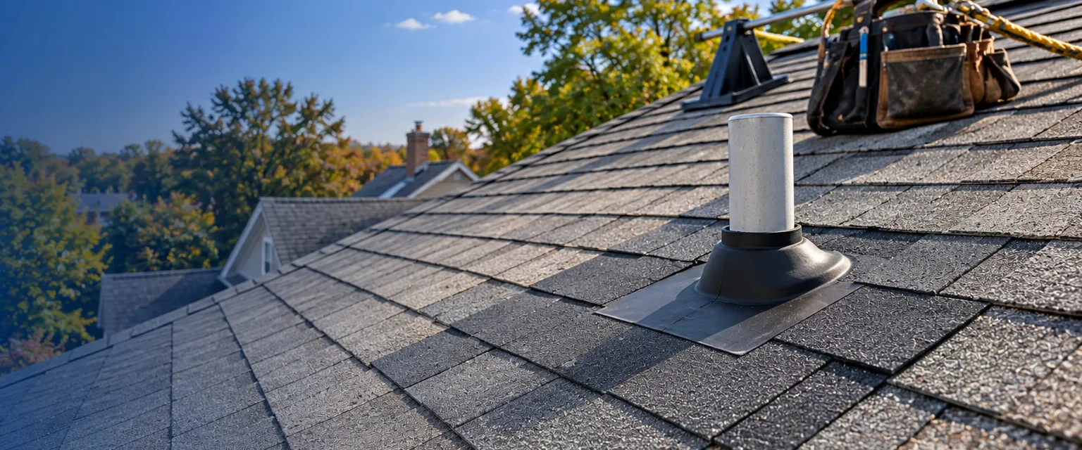 Close view of a gray asphalt roof where a patch of newly replaced shingles blends into the older surface around a plumbing vent with fresh flashing, a tool bag tied off on roof jacks