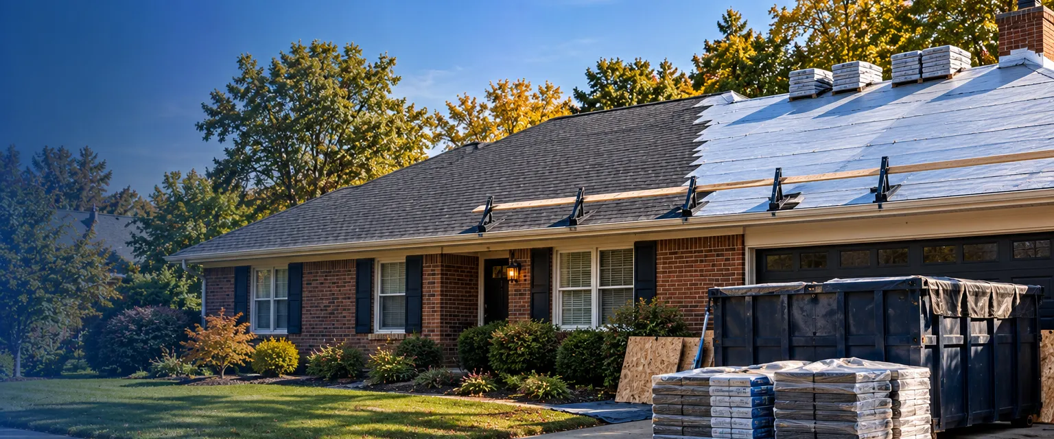 A brick ranch mid-replacement, half the roof in new synthetic underlayment and half in dark shingles, roof jacks along the eave, bundles and a covered dumpster in the driveway