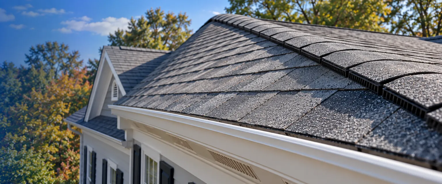 A gray-shingled colonial roof ridge with a continuous low-profile ridge vent capped in matching shingles, a row of soffit vents visible under the eave below