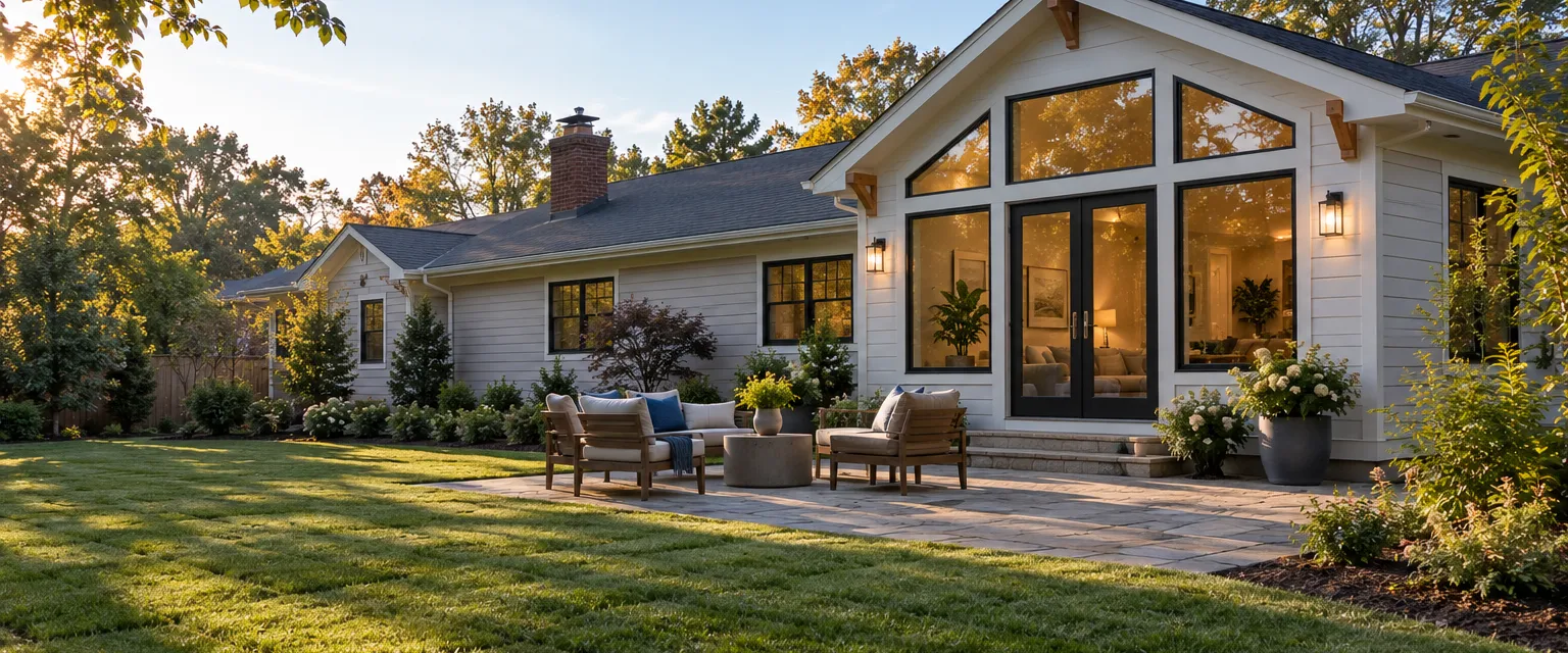 A single-story ranch with a new gabled family room addition in matching siding, a new door onto a stone patio and fresh sod seams